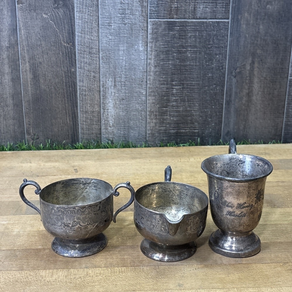 Vintage Silverplate Lot 3 Pc Empire Mfg 2731 Creamer Sugar Engraved Cup